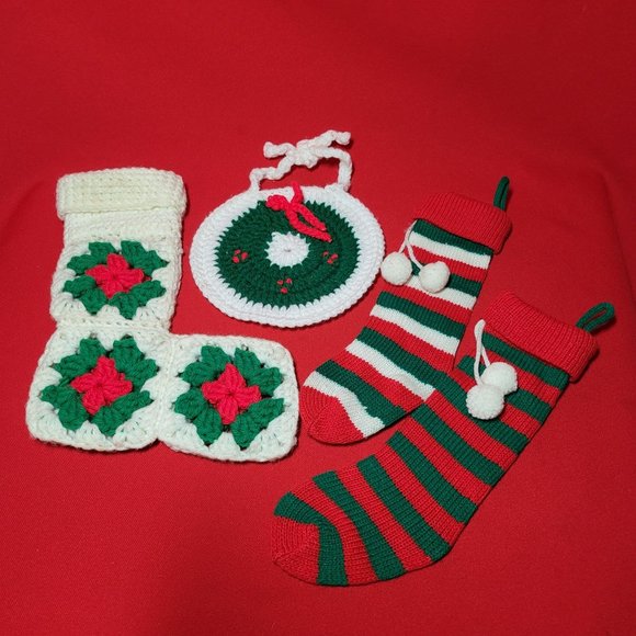 Christmas Stockings Ornament Knit Crochet Handmade Set of 4 - Picture 7 of 12